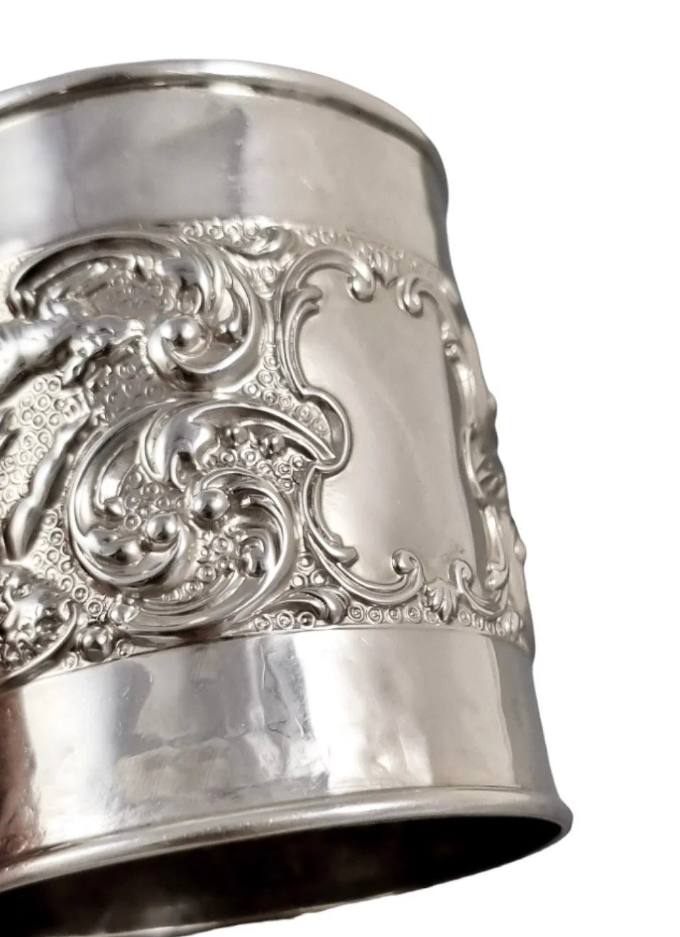 Edwardian sterling silver Christening cup embossed cherubs, rabbits and scrolling foliage, Crisford & Norris