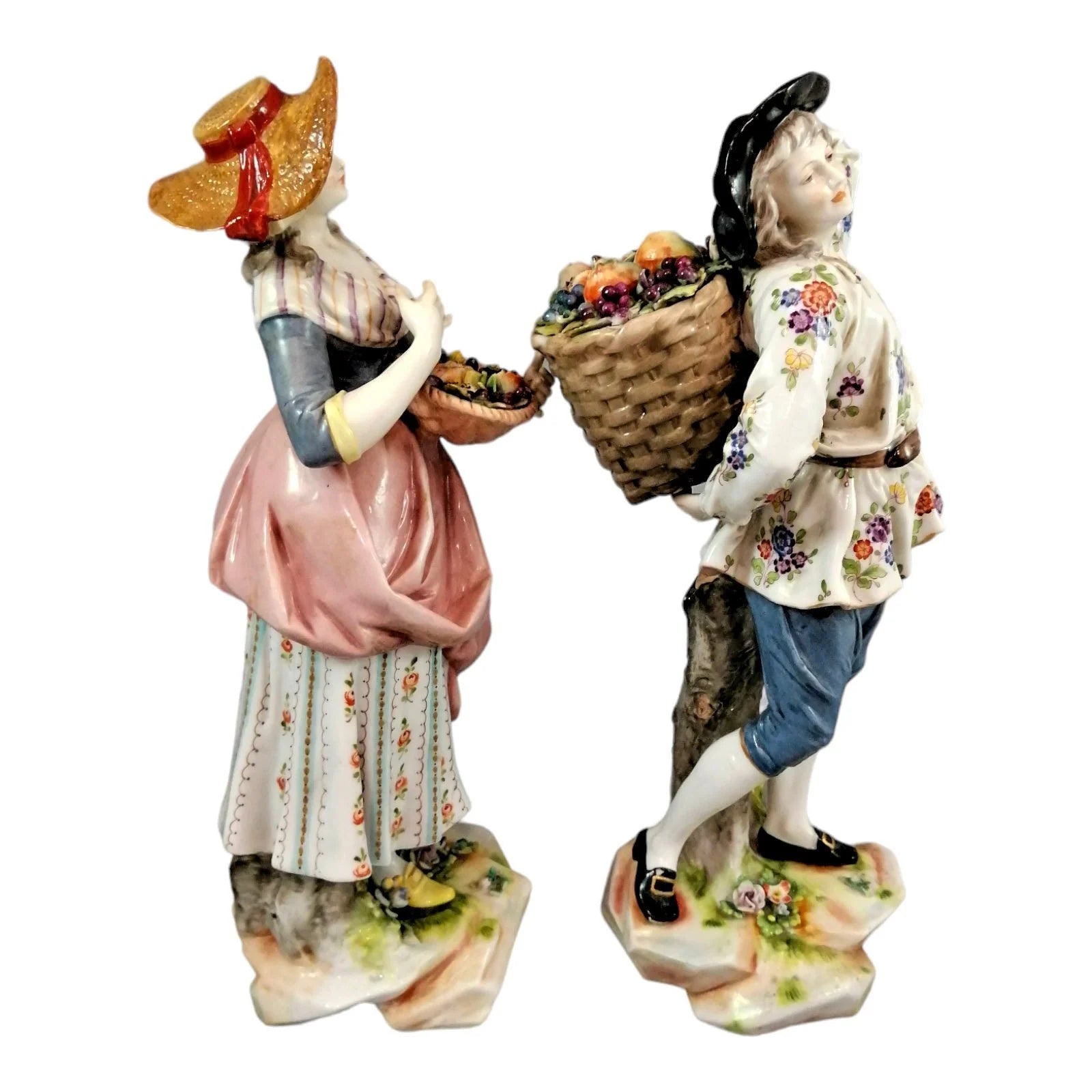 Pair of large Ludwigsburg porcelain figurines of peasant girl and boy with autumn harvest