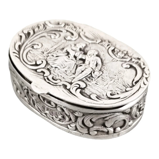 Victorian 800 solid silver gilt oval snuff pill box embossed gallant courting couple and scrolls