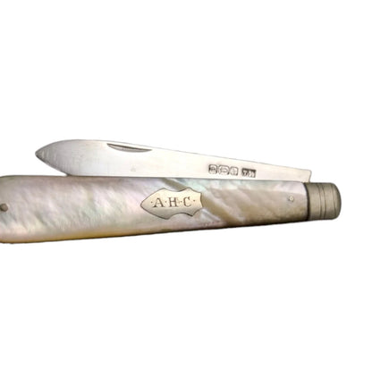 Victorian sterling silver mother-of-pearl large folding pocket pen fruit knife, Thomas Marples 1902