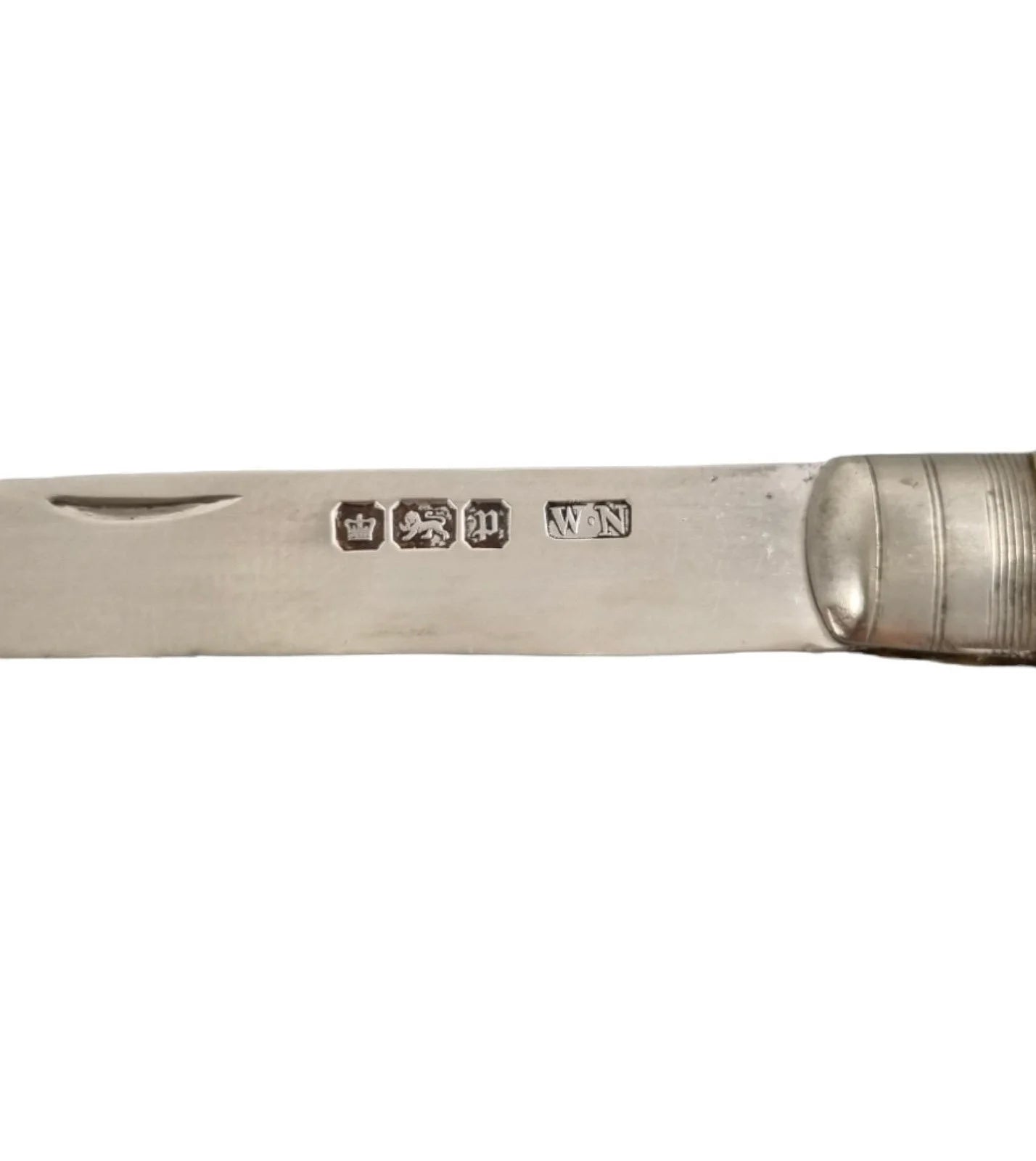 Edwardian sterling silver engraved mother-of-pearl folding pocket pen fruit knife, William Needham, 1907, inscribed “Amy”