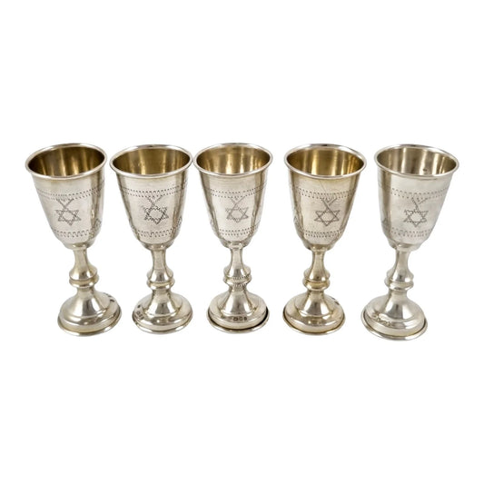 George V Jacob Rosenzweig 5 gilt sterling silver Kiddush wine cups, Star of David wrigglework