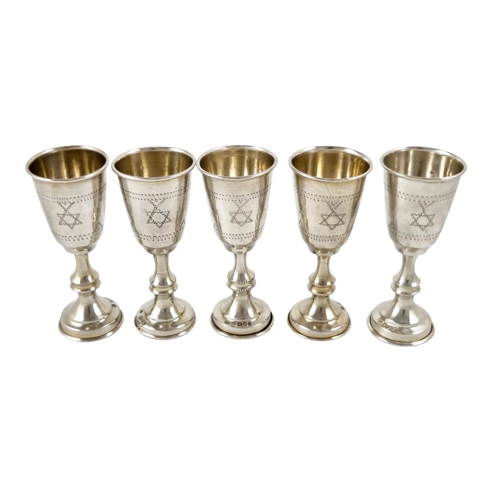 George V Jacob Rosenzweig 5 gilt sterling silver Kiddush wine cups, Star of David wrigglework