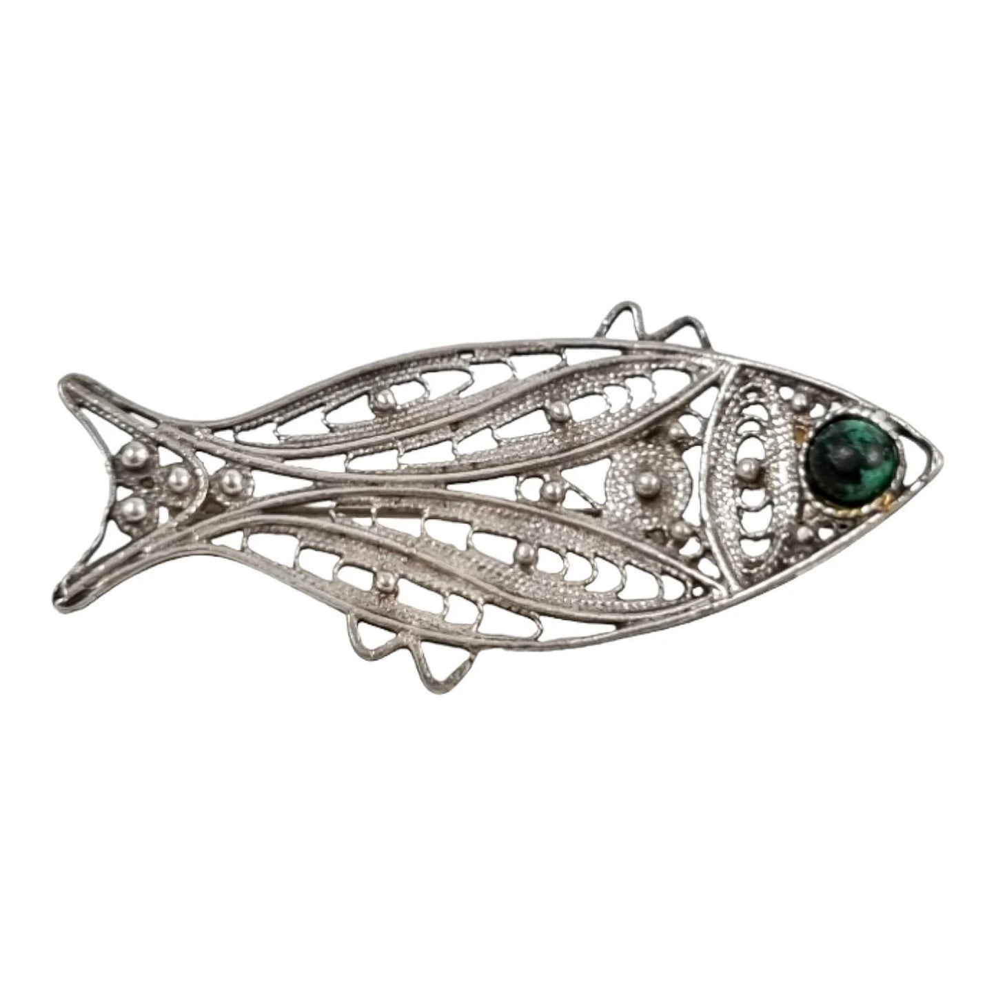 Vintage Malkit sterling silver Israeli Yemenite filigree fish brooch with green malachite Solomon Eilat stone