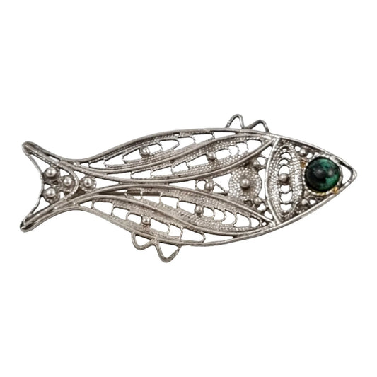 Vintage Malkit sterling silver Israeli Yemenite filigree fish brooch with green malachite Solomon Eilat stone