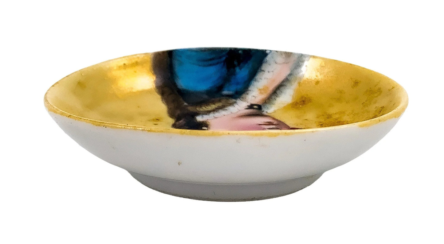 19th Century German Biedermeier KPM miniature porcelain bowl / trinket dish with portrait of lady in feather hat
