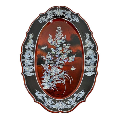 Huge vintage Asian lacquerware fluted tray inlaid with mother-of-pearl flowers, dragons, birds and butterflies