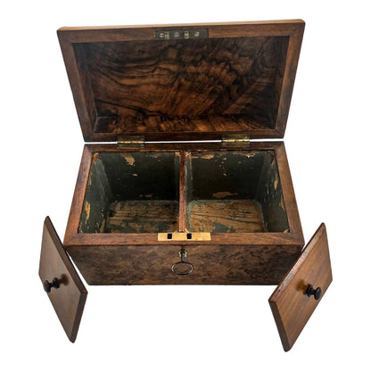 Victorian burr walnut two-section domed tea caddy with working key