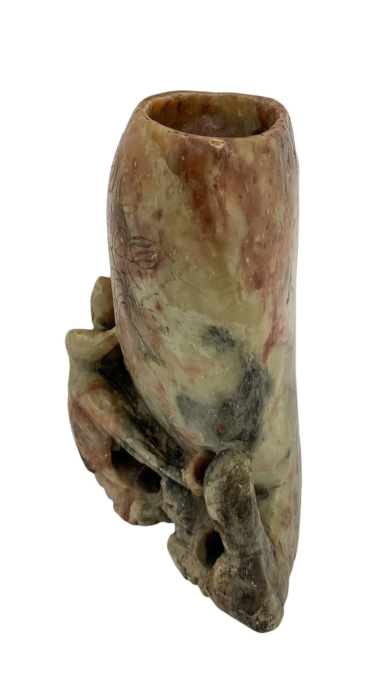 Chinese Republic soapstone calligraphy figural brush washer and brush pot with monkeys and bird figurine