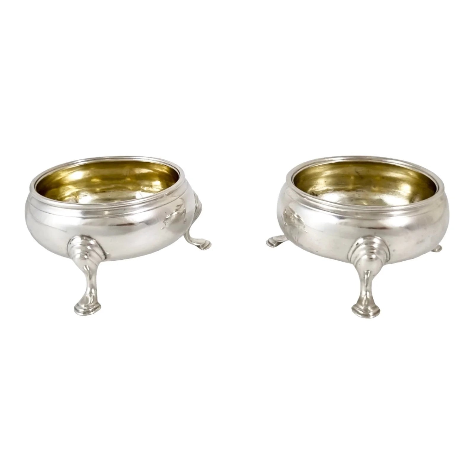 George II gilt sterling silver pair of two tripod cauldron salts, unicorn family crest, 1743