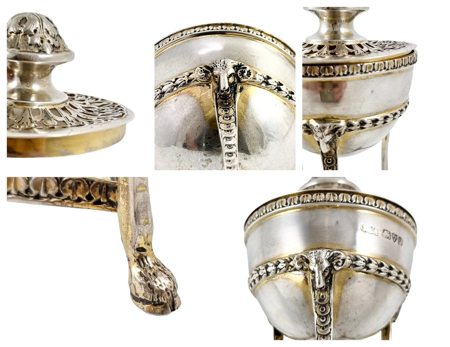 Neoclassical gilt sterling silver potpourri raised on hoof feet and cast with rams heads, Chester
