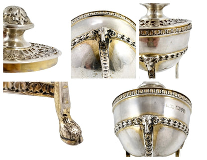Neoclassical gilt sterling silver potpourri raised on hoof feet and cast with rams heads, Chester