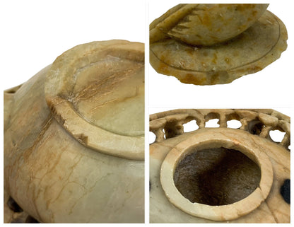 Chinese Republic pale yellow soapstone teapot with prunus flowers and bird on lid