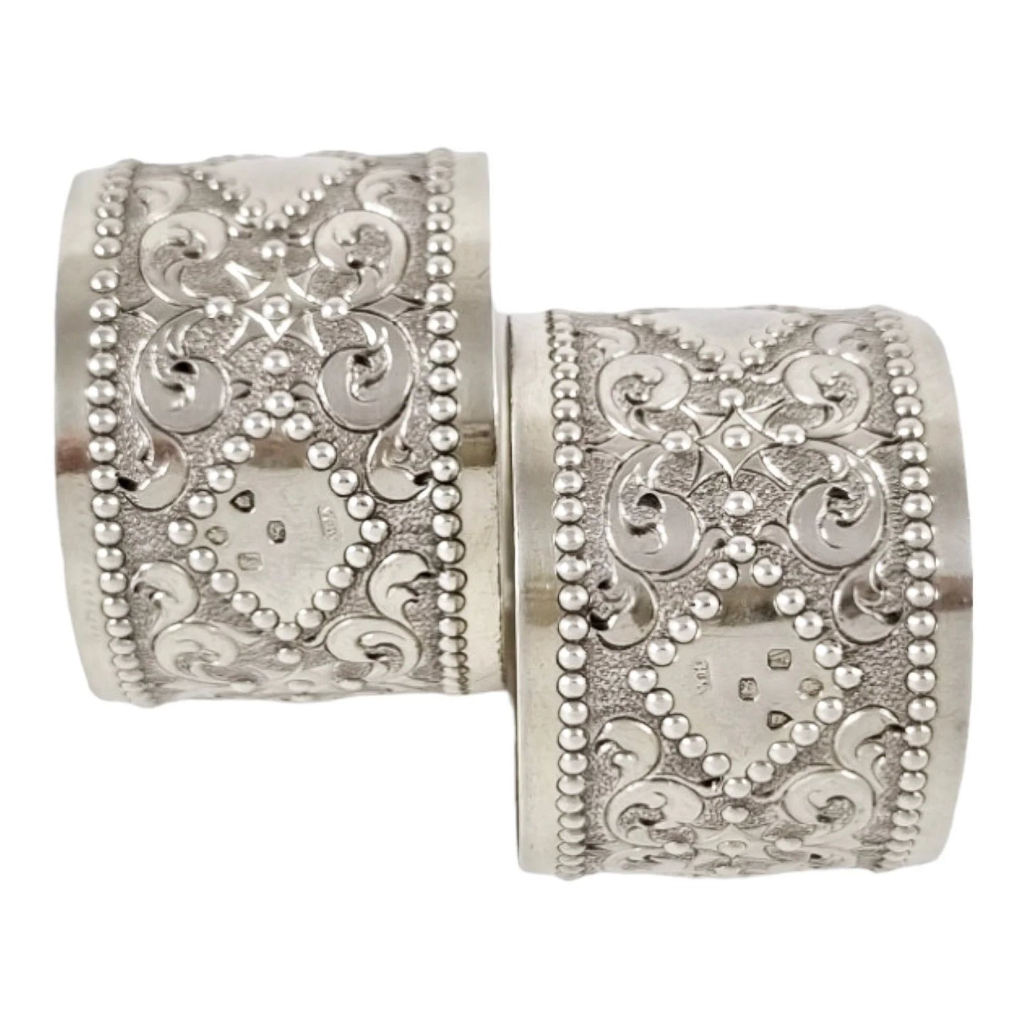 Victorian sterling silver boxed pair 2 napkin rings scrolls & beads, vacant cartouche, William Hunter 1876