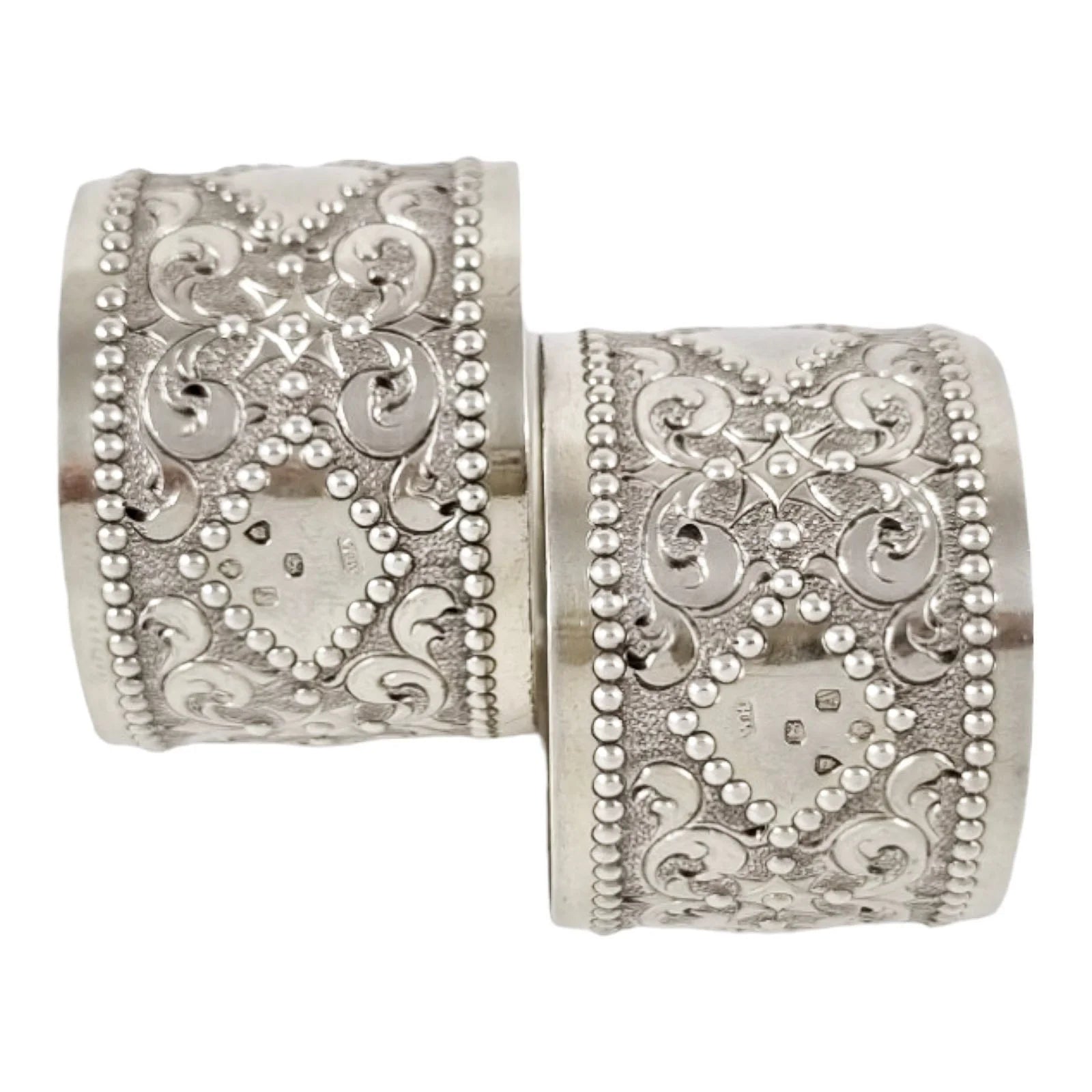 Victorian sterling silver boxed pair 2 napkin rings scrolls & beads, vacant cartouche, William Hunter 1876