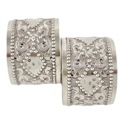 Victorian sterling silver boxed pair 2 napkin rings scrolls & beads, vacant cartouche, William Hunter 1876