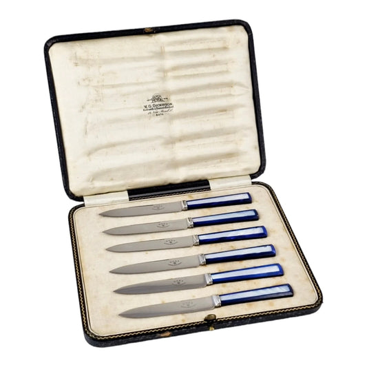 Art Deco two-tone blue mother-of-pearl tea butter knives set for 6, William Hutton & Sons