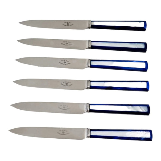 Art Deco two-tone blue mother-of-pearl tea butter knives set for 6, William Hutton & Sons
