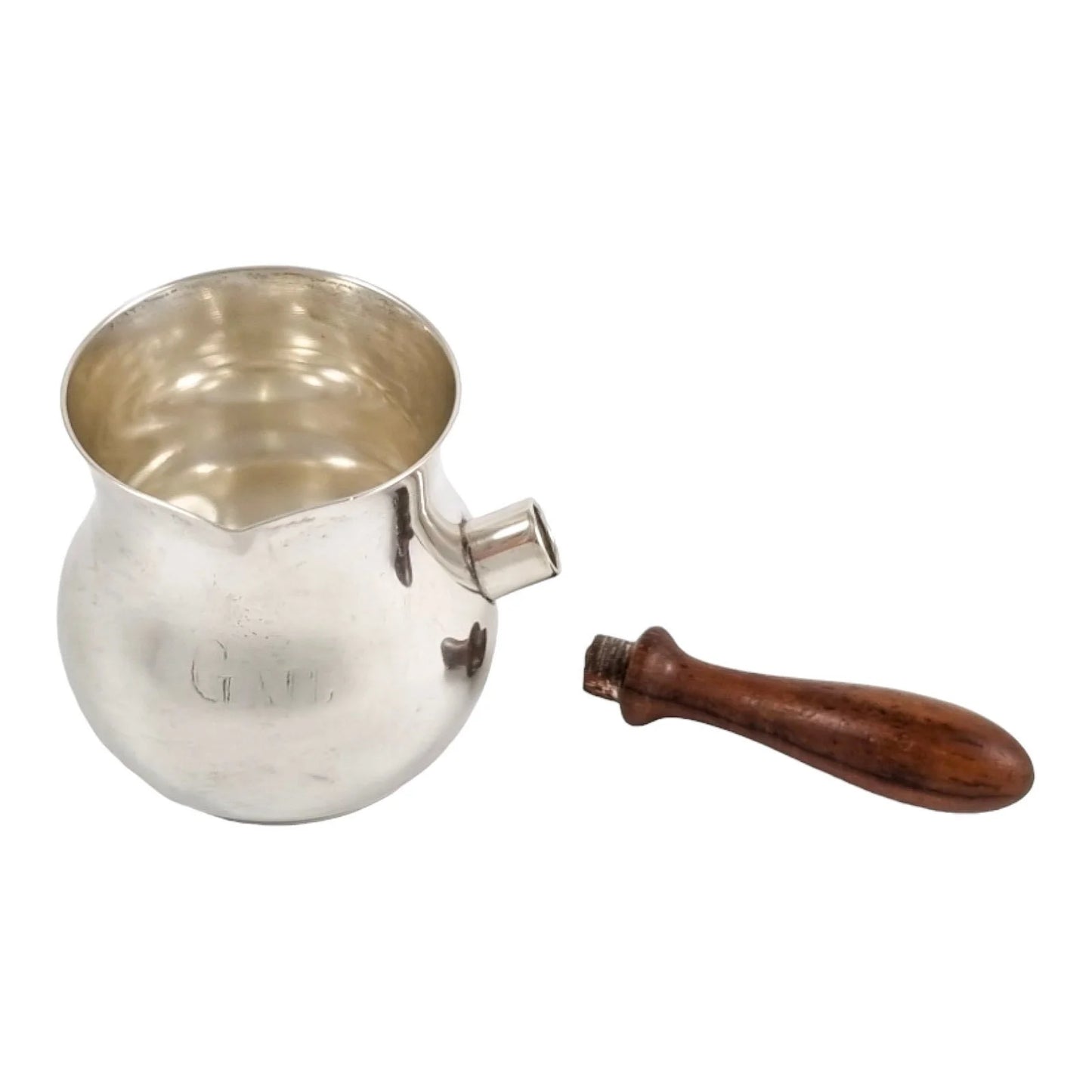 Edwardian American sterling silver brandy saucepan warmer / pipkin with turned wooden handle, inscribed “Gail”