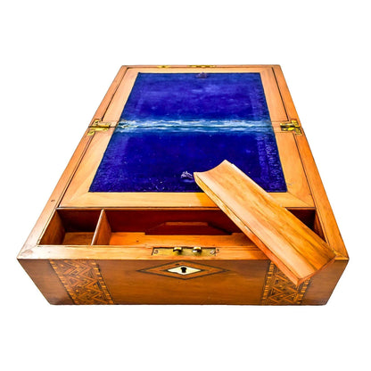 Georgian walnut Tunbridge Ware domed writing slope with mother-of-pearl cartouche and geometric marquetry