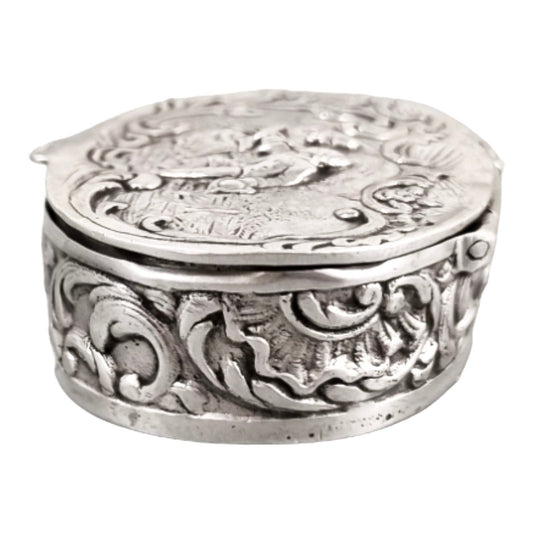 Victorian 800 solid silver gilt oval snuff pill box embossed gallant courting couple and scrolls