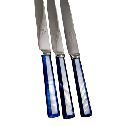 Art Deco two-tone blue mother-of-pearl tea butter knives set for 6, William Hutton & Sons