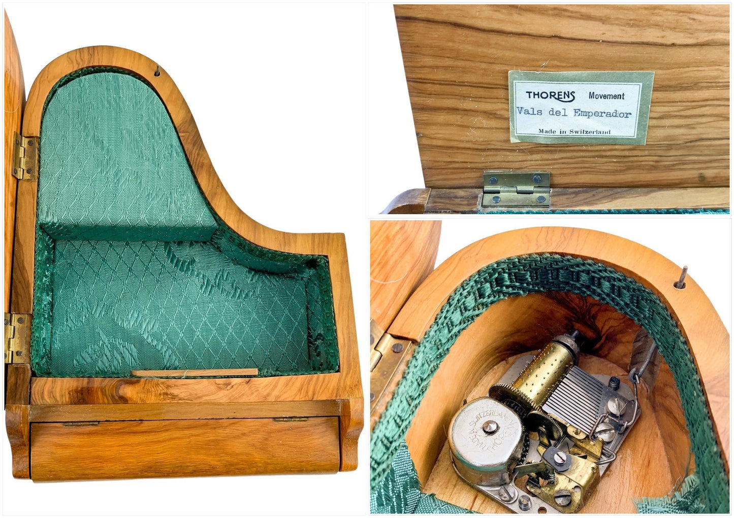Antique Thorens baby grand piano walnut music jewellery box, silk lined, Emperor Waltz