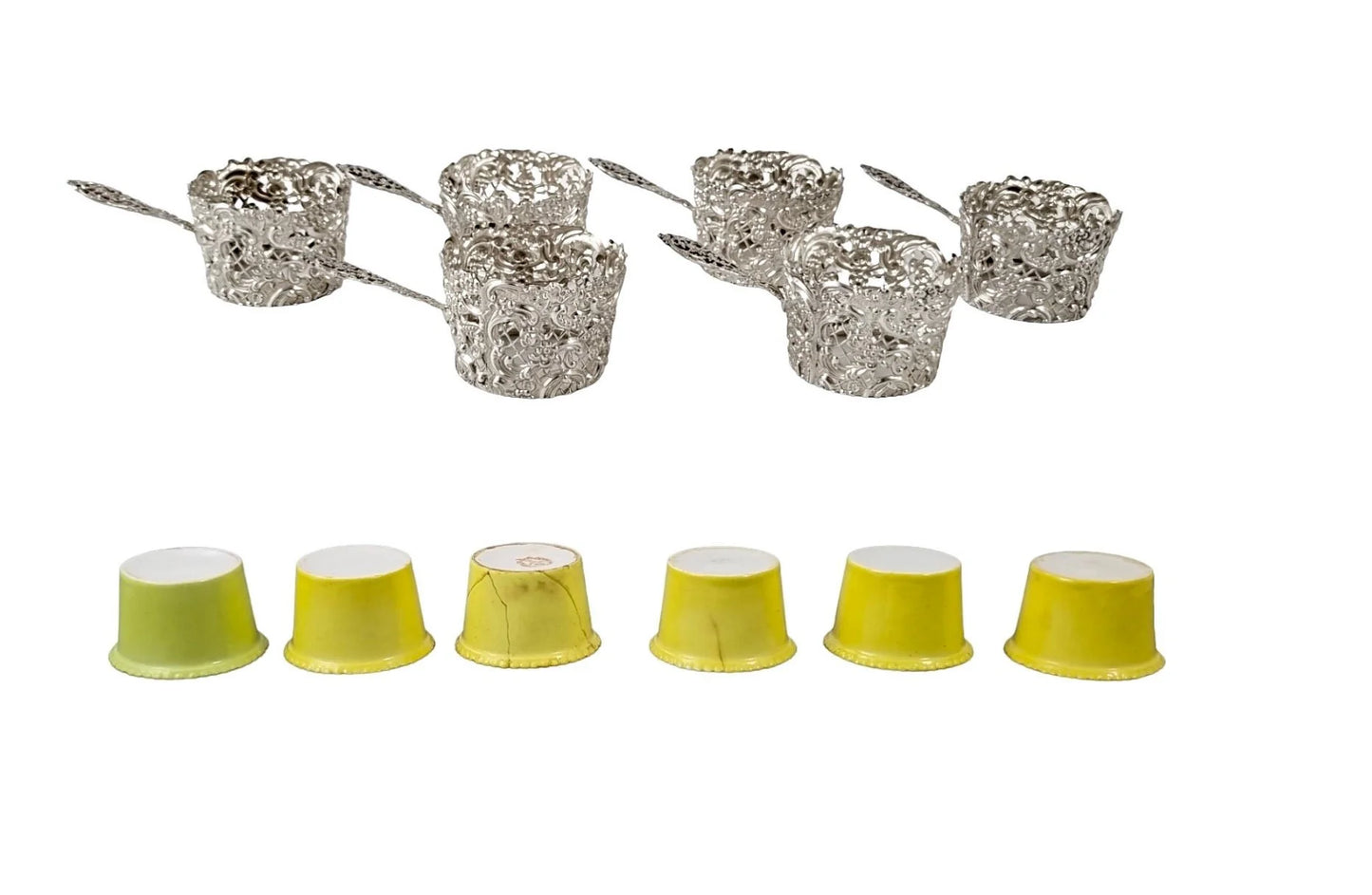 Cased set 6 Victorian porcelain demitasse coffee cups in sterling silver decorative holders, William Comyns