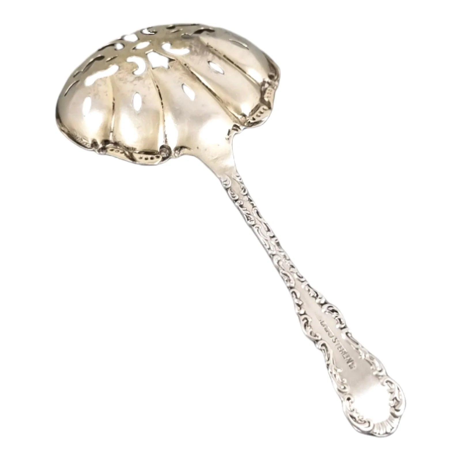 Sterling silver gilded sugar sifter / bonbon / nut candy spoon embossed with scrolls