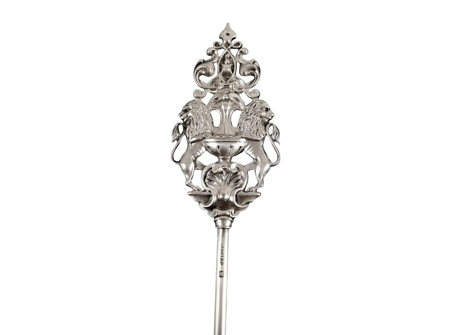 Antique French silver plate Sabatier Brochette meat vegetable skewer with Rococo standing lions top