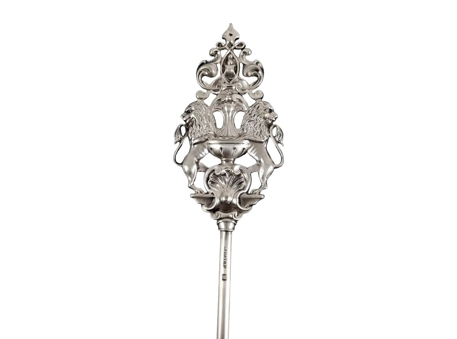 Antique French silver plate Sabatier Brochette meat vegetable skewer with Rococo standing lions top