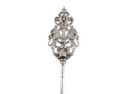 Antique French silver plate Sabatier Brochette meat vegetable skewer with Rococo standing lions top