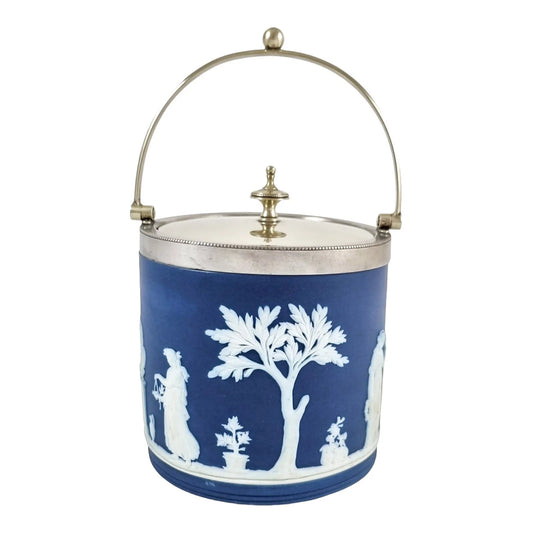 Victorian Wedgwood cobalt blue Jasperware Neoclassical biscuit barrel, silver plate mounts