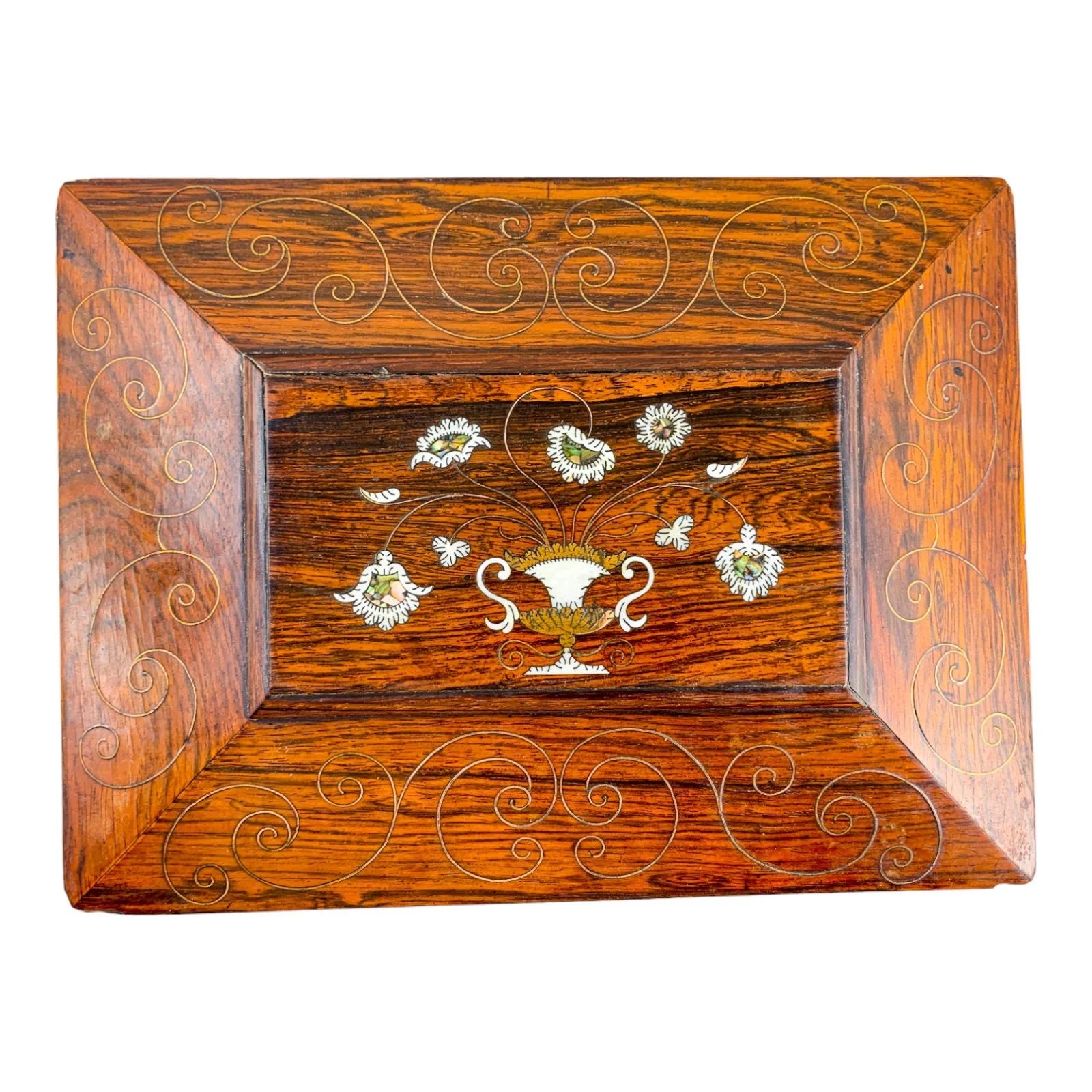 William IV rosewood sarcophagus jewellery box with turned handles and floral mother-of-pearl inlay