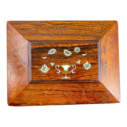 William IV rosewood sarcophagus jewellery box with turned handles and floral mother-of-pearl inlay