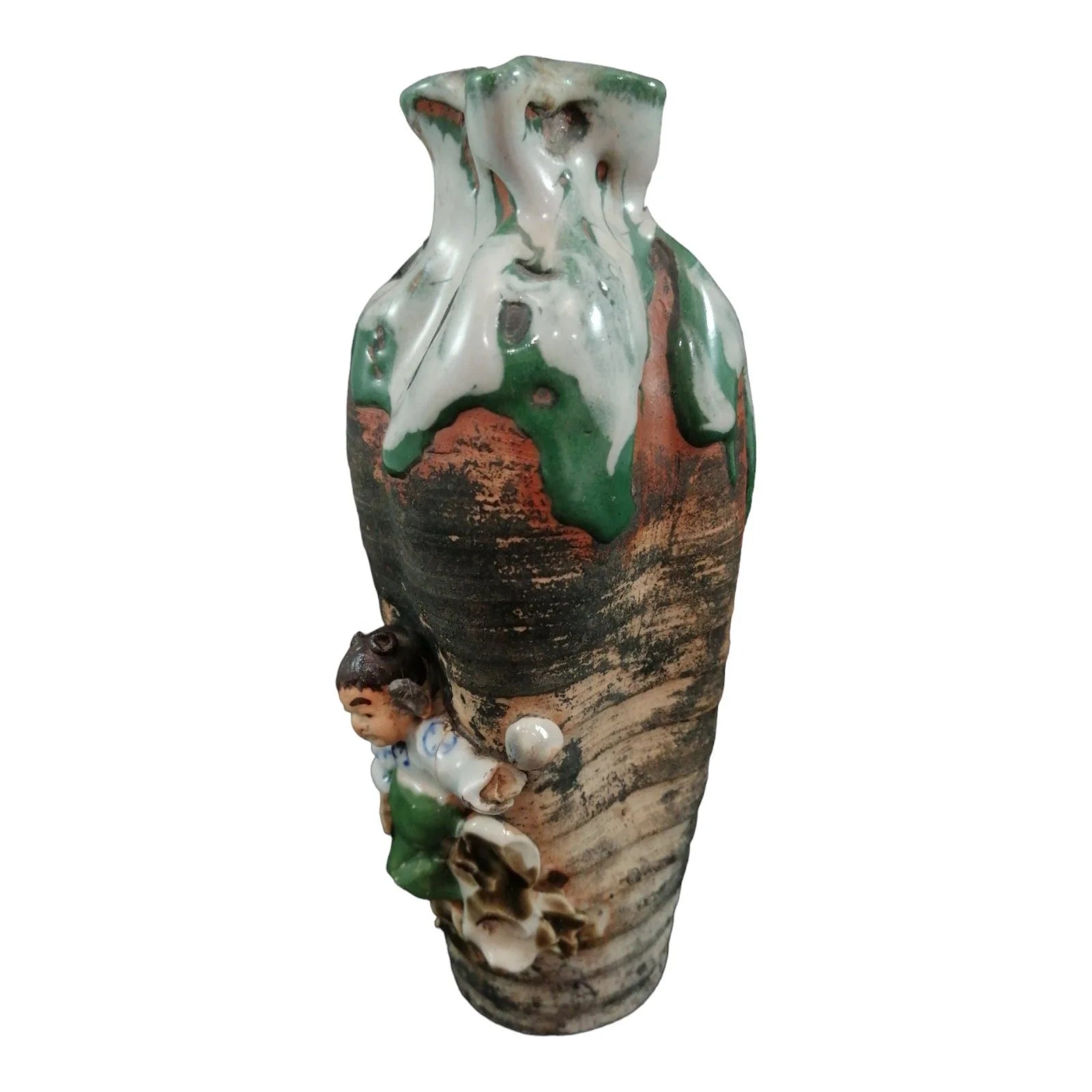 Meiji period Ishiguro Koko Sumidagawa flowing glaze vase with applied figure of a boy