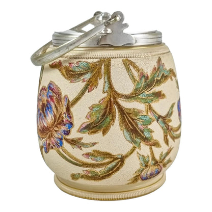 Art Nouveau Taylor Tunnicliffe & Co gilded pottery Secessionist peony floral biscuit barrel, silver plate mounts