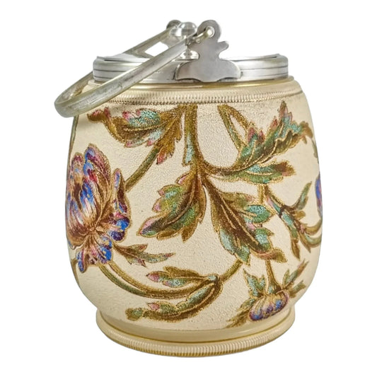 Art Nouveau Taylor Tunnicliffe & Co gilded pottery Secessionist peony floral biscuit barrel, silver plate mounts