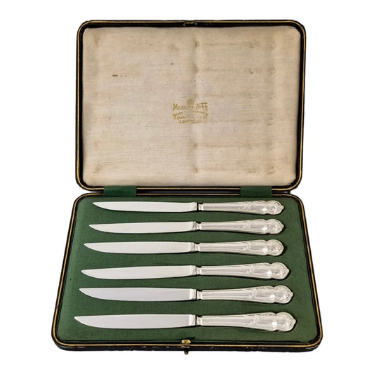 Cased antique Mappin & Webb sterling silver set 6 fruit dessert knives, Art Nouveau foliate handles