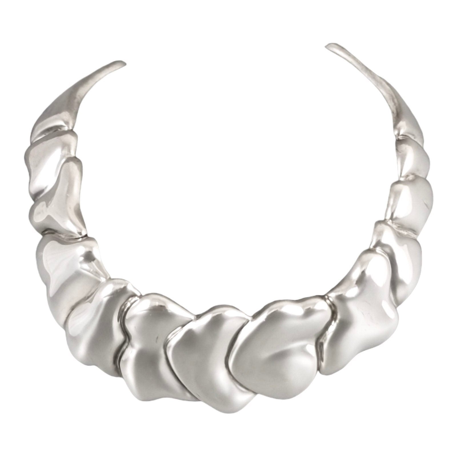 Large sterling silver Modernist chunky, collar bib statement necklace with wavy Abstract scales