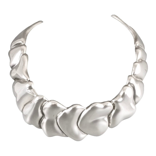 Large sterling silver Modernist chunky, collar bib statement necklace with wavy Abstract scales