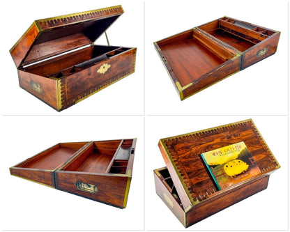George III Regency kingwood campaign writing slope with fitted book rest, carry handles and brass mounts