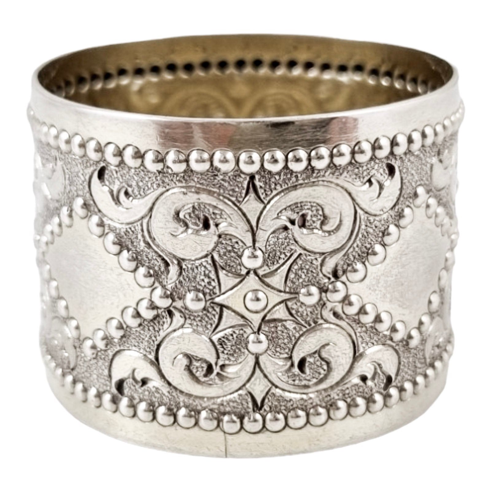 Victorian sterling silver boxed pair 2 napkin rings scrolls & beads, vacant cartouche, William Hunter 1876