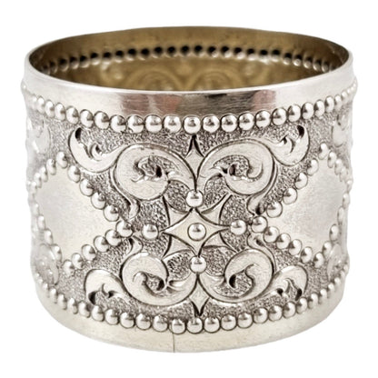 Victorian sterling silver boxed pair 2 napkin rings scrolls & beads, vacant cartouche, William Hunter 1876