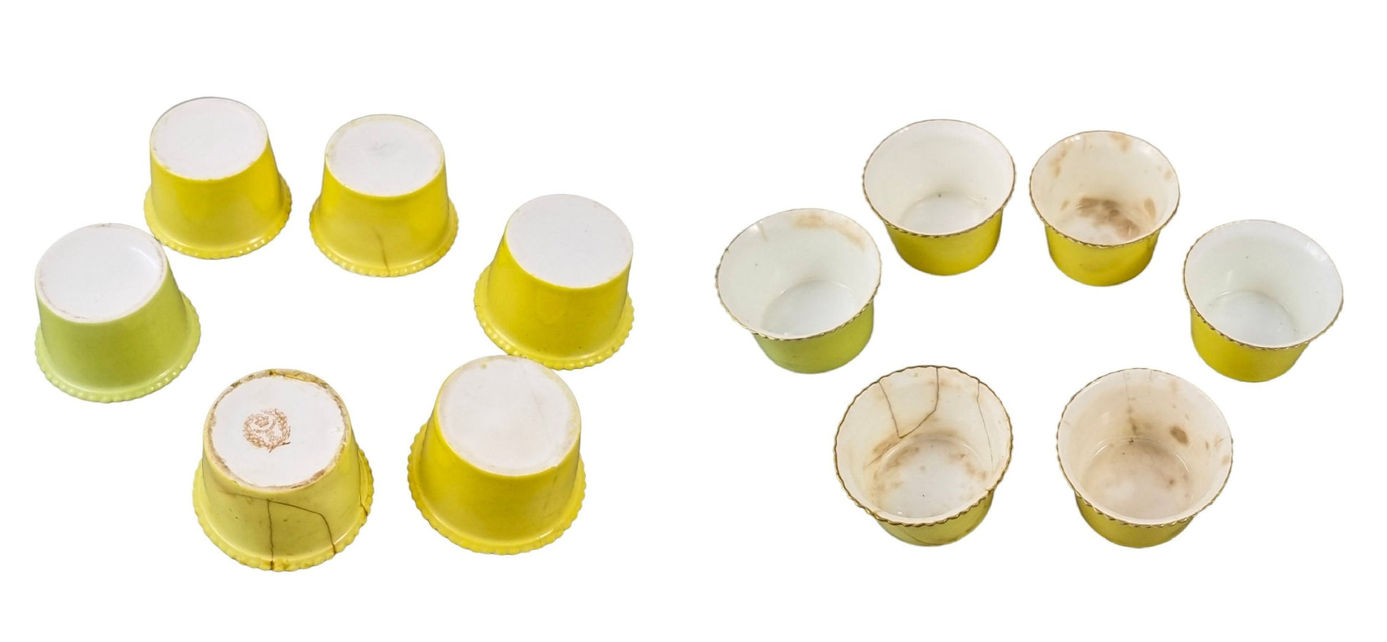 Cased set 6 Victorian porcelain demitasse coffee cups in sterling silver decorative holders, William Comyns