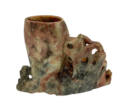 Chinese Republic soapstone calligraphy figural brush washer and brush pot with monkeys and bird figurine