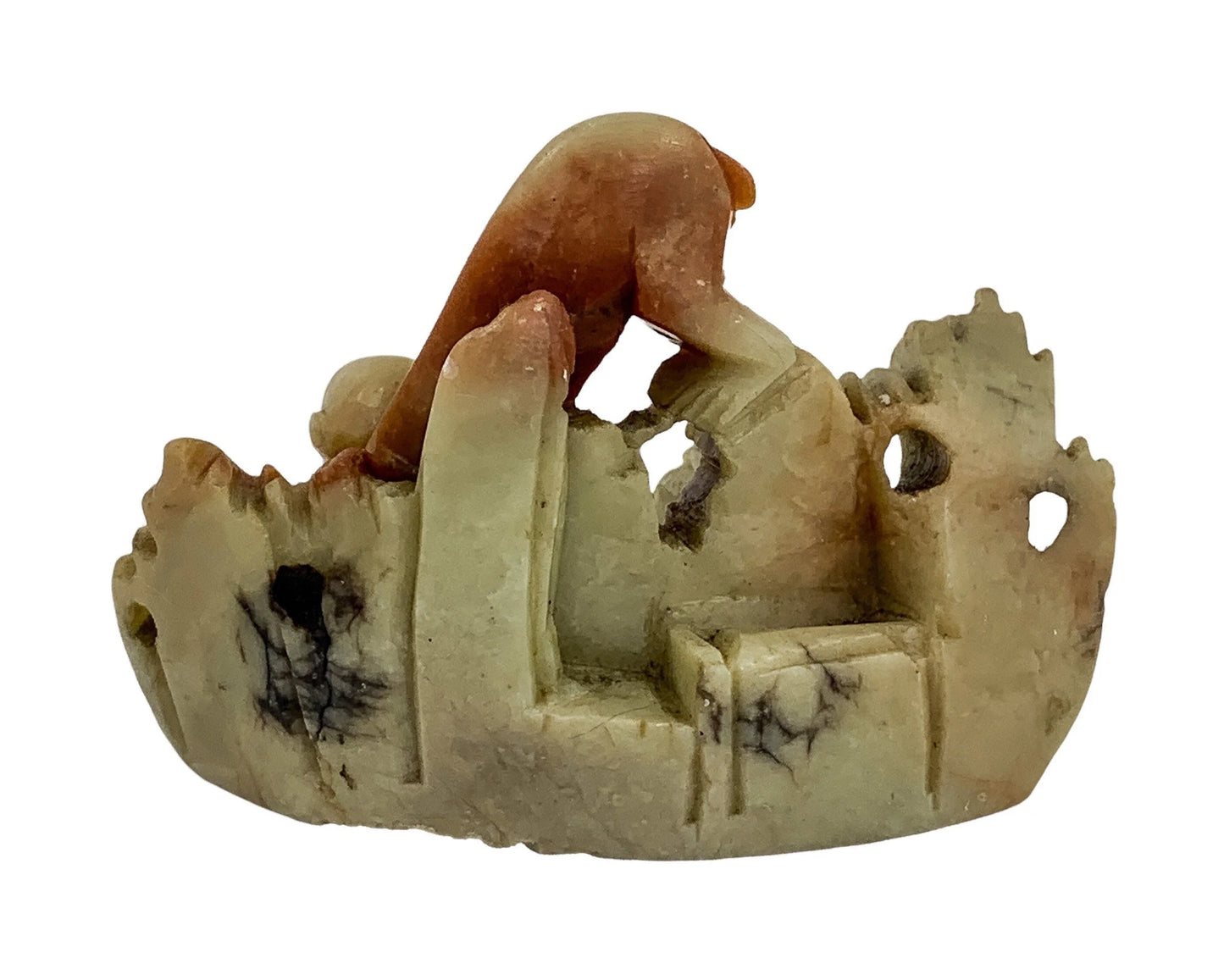 Chinese Republic red yellow soapstone figurine of small monkey on rocks