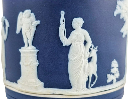 Victorian Wedgwood cobalt blue Jasperware Neoclassical biscuit barrel, silver plate mounts