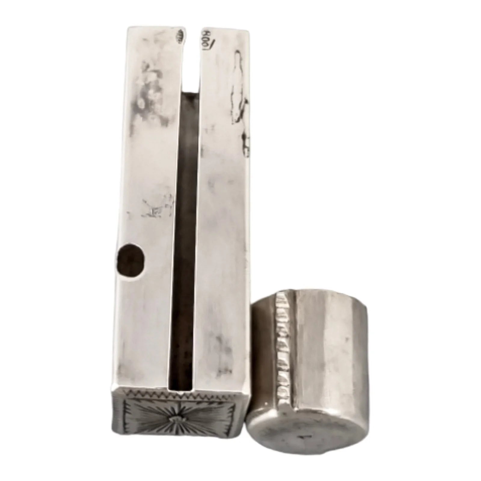 Art Deco Italian silver compact case with mirror & lipstick, Nardi Liberto, engraved scrolls