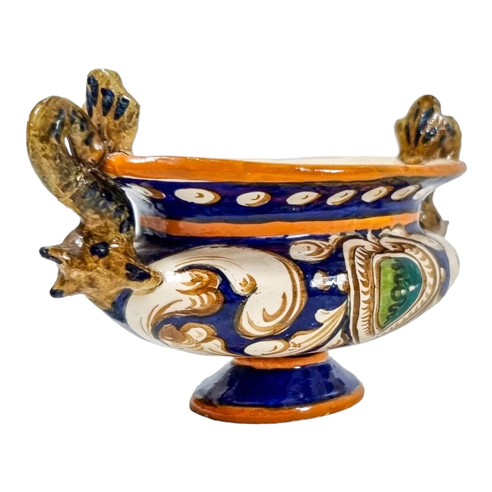Antique Italian pottery majolica baluster bowl with Renaissance sea monster dolphin handles